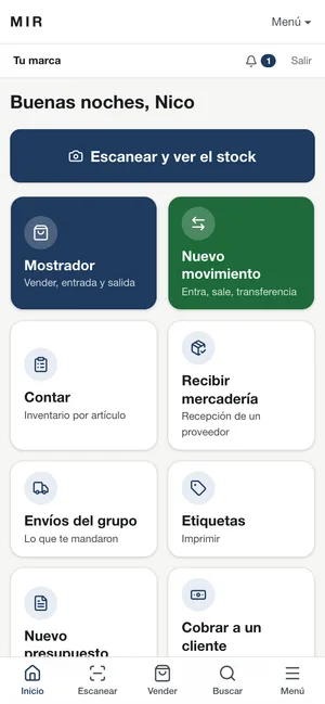 MIR en el celular: escanear y ver el stock, mostrador, nuevo movimiento, contar y recibir mercadería